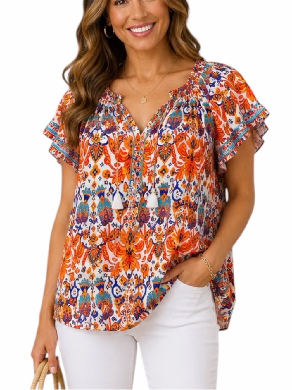 Rose + Olive Women’s Size 2X Boho Tassel Flutter Sleeve Orange Blue Top Floral